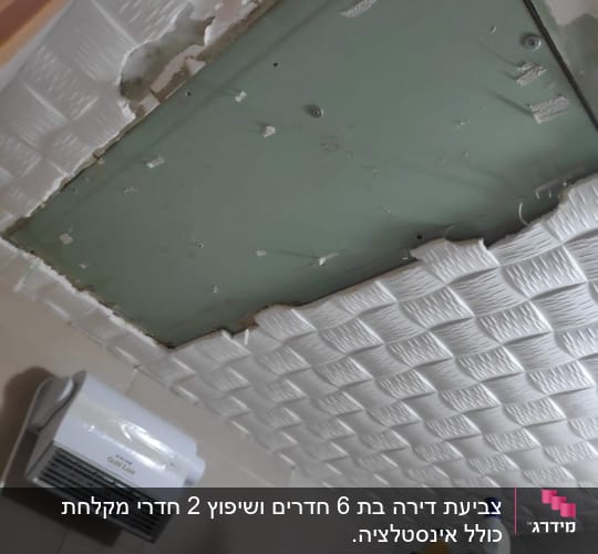 תקרת גבס עם תיקוני טיח בתהליך שיפוץ